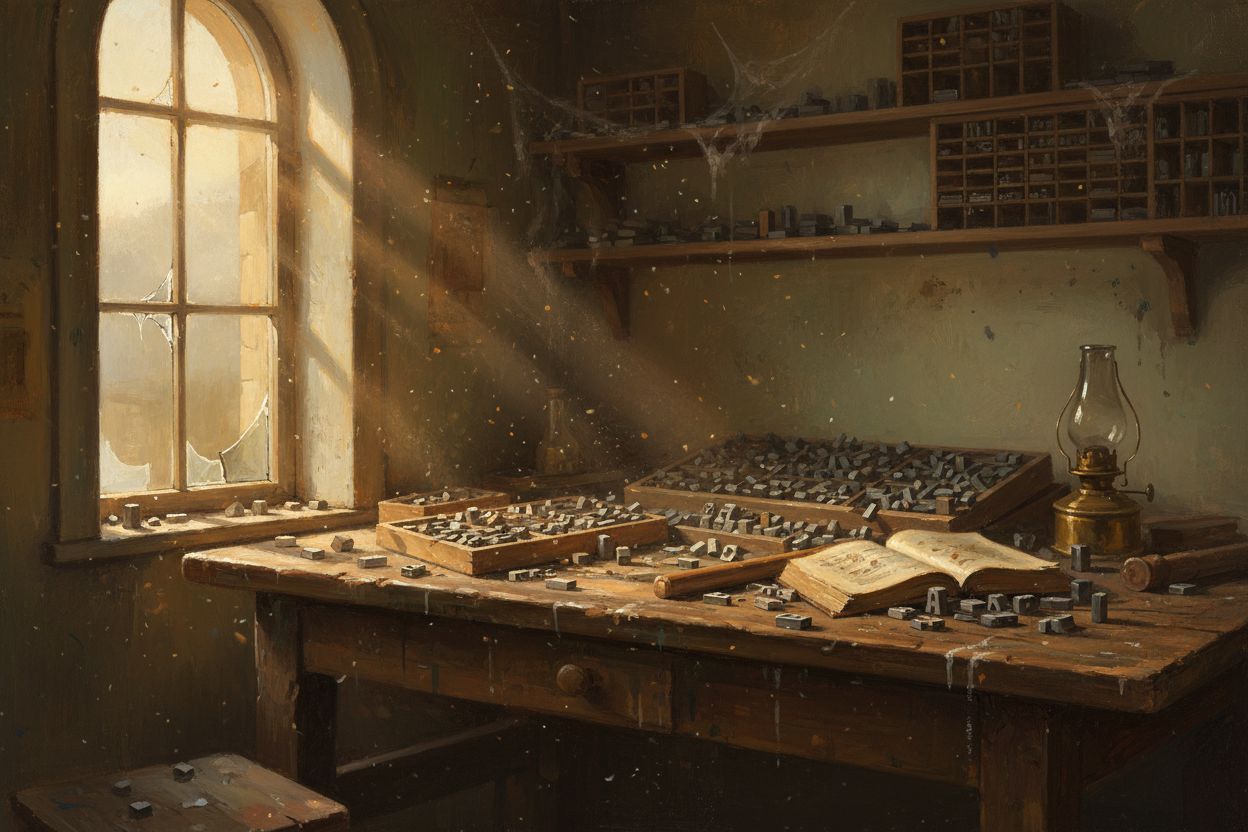 Abandoned typesetter workbench with scattered metal type blocks