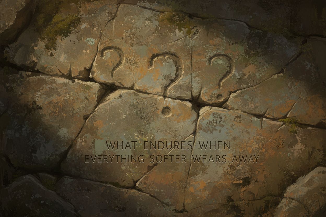 Question marks carved into weathered stone