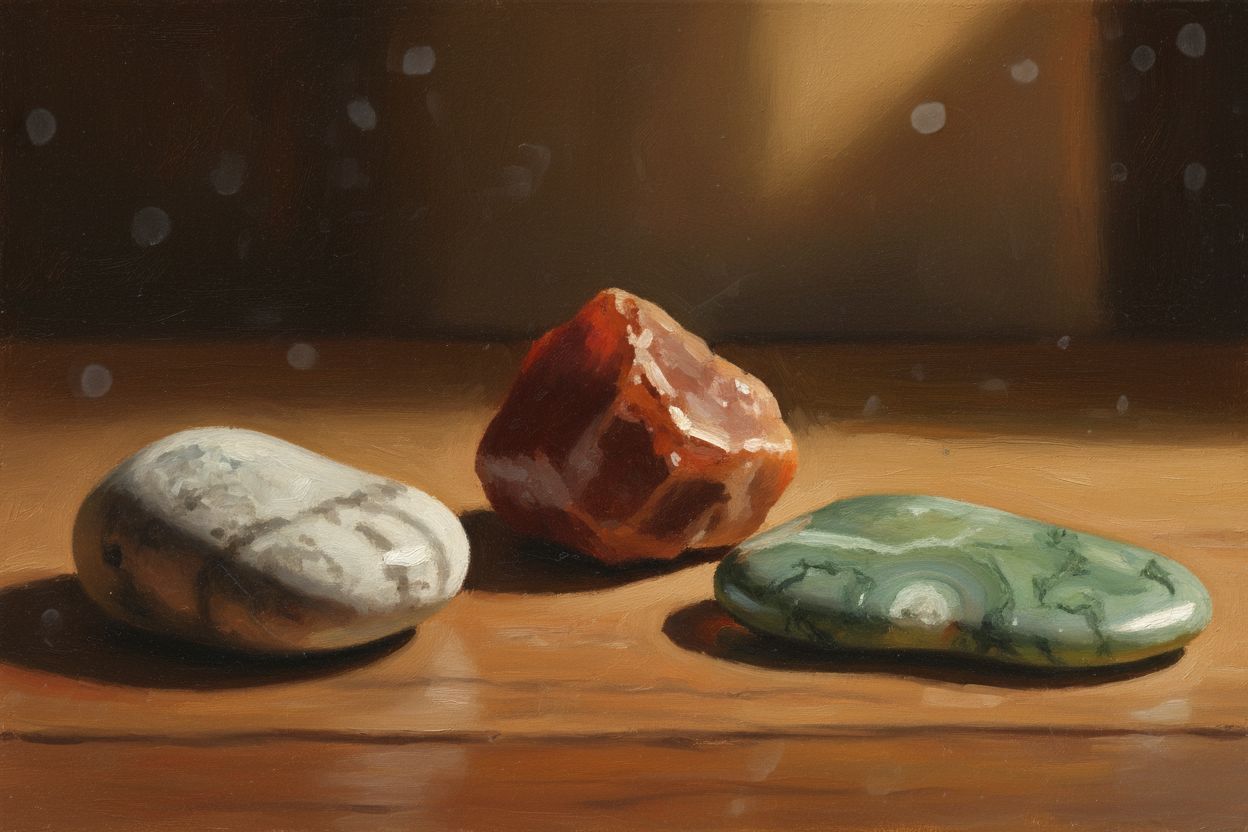 Three stones on a wooden surface in amber light